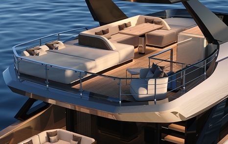 Rendering of Solaris Power 64 Long Range motor yacht flybridge aft seating with beige sunpads 