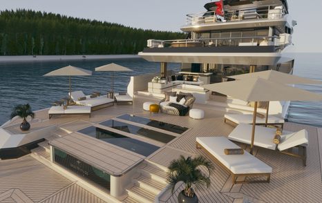 Rendering of Bering 165 Explorer Yacht beach club with multiple sun lounging areas 