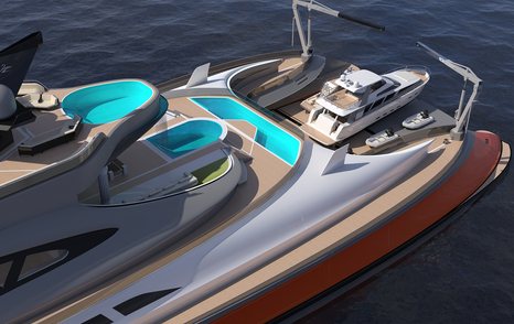 CGI of Prodigium Concept showing decks and yacht in dock