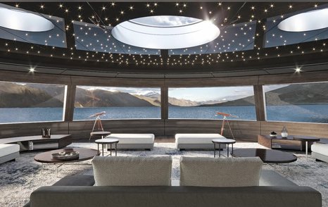 Rendering showing cinema room on LONTANO with large windows and comfortable seating