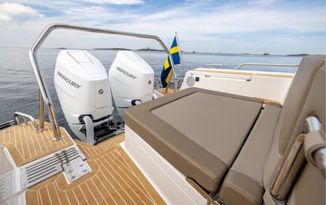 Nimbus W11 Weekender looking aft towards outboards