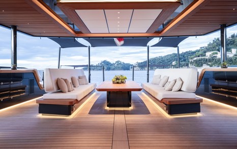 Shaded sofa seating onboard SAN offering panoramic views at sea