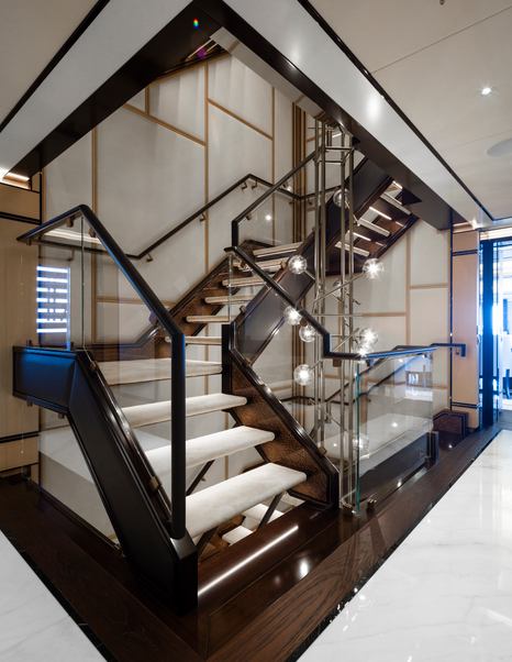 Superyacht Asia's atrium with cascading glasss