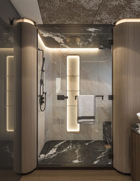 Rendering of Sirena 42M Superyacht master cabin shower 