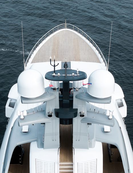 Aerial view of Superyacht Draak upper deck and foredeck while under way 