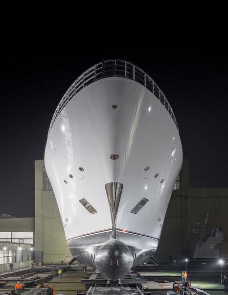 Low angle  Lurssen Boardwalk Bow outside shed