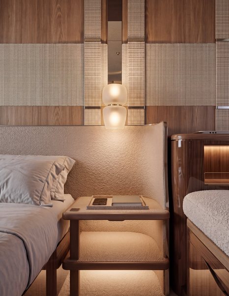 Rendering of Galeon 700 Sky Motor Yacht cabin bedside table and integrated lighting