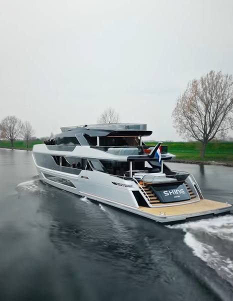 Van der Valk 40m Superyacht Shine under way with name plate on show 