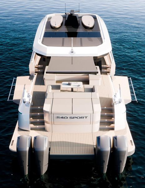 Rendering of Outer Reef 540 Adventure Sport yacht with fold out terrace 