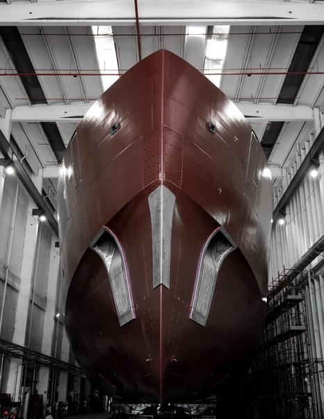Benetti Project Iron Man superyacht hull in shipyard bow view 