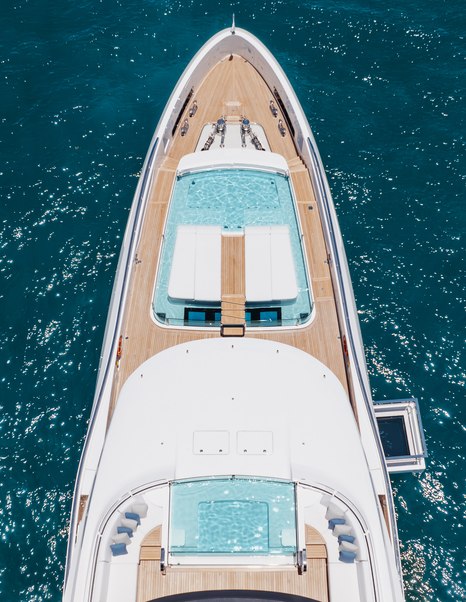 Aerial view of Mangusta Oceano 44 Superyacht foredeck 
