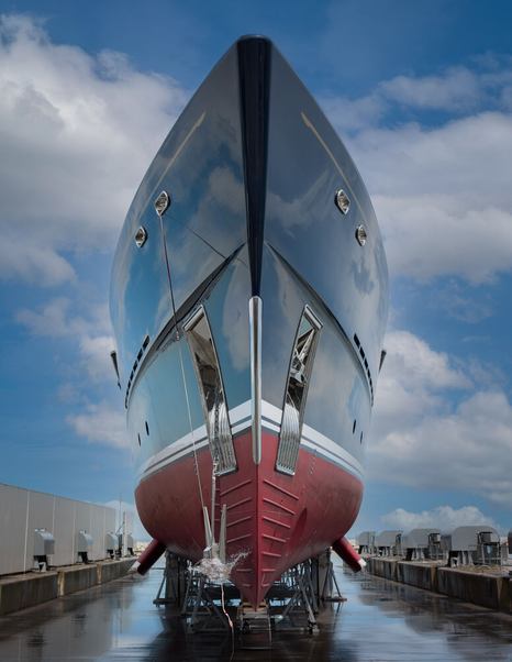 Undershot of bow of superyacht Cerulean (Project Thunderball) at launch