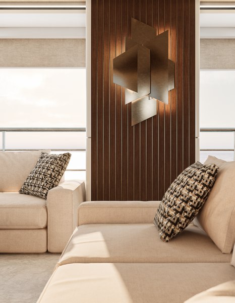 Close up of Superyacht Ingot's cream main saloon furniture