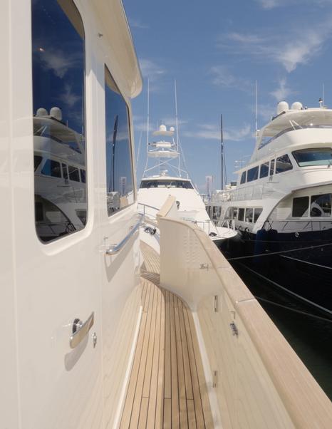 Fleming 85 wide side deck with high bulwarks and secure walkaround access