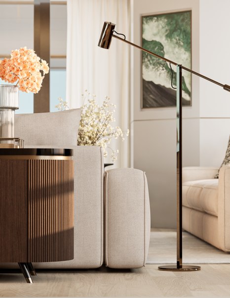 Close up of Superyacht Ingot's interior furniture with lamp