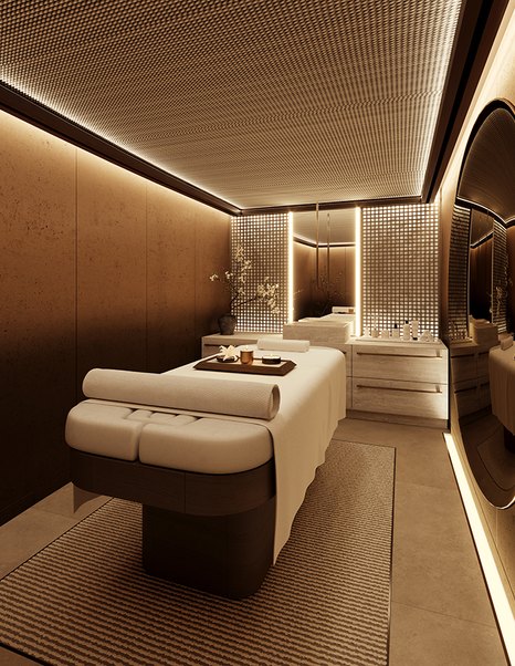 Rendering of Superyacht Project Ananda massage room with warm integrated lights 