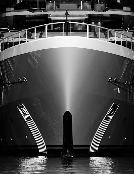 View of bow emerging from Oceanco shed