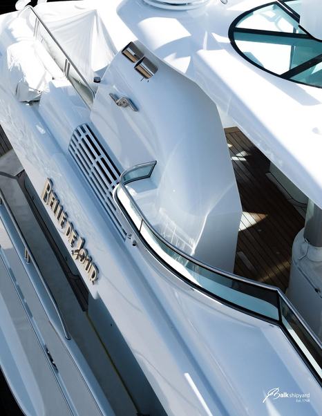 Close up of superyacht Belle de Jour nameplate and superstructure 