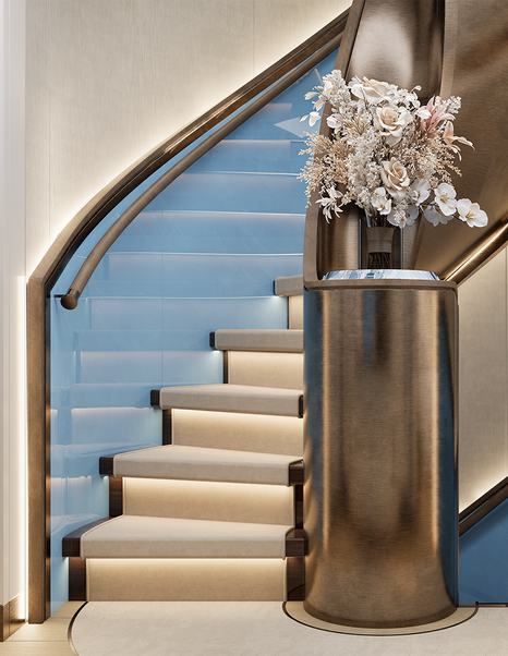 Eighth Moonen 122 Martinique motor yacht Lollipop interior staircase with warm integrated LEDs