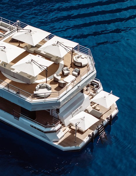Aerial view of Damen Xplorer 60 expedition yacht aft decks 