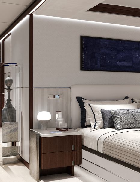 Close up rendering of Superyacht Project Frida master cabin night stand 