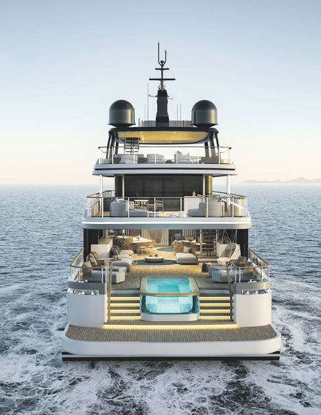 Rendering of Benetti Motopanfilo 45M motor yacht stern while under way 
