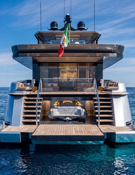 Rendering of Tecnomarine TM33 superyacht stern at anchor with hidden tender 