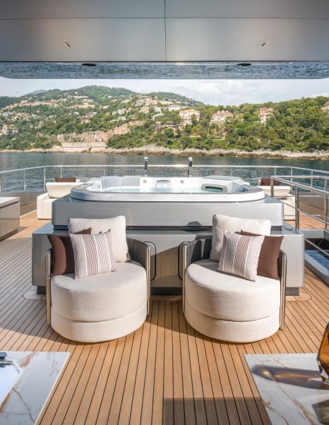 Riva 54Metri Superyacht Sairu upper deck with jacuzzi and circular sofas 
