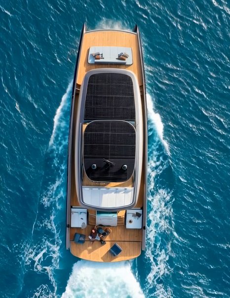Sunreef Ultima 88 viewed from above with integrated solar panels across the low superstructure