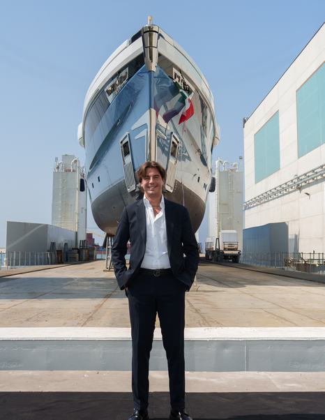 CCO of The Italian Sea Group, Gianmaria Costantino, in front of superyacht Silvia