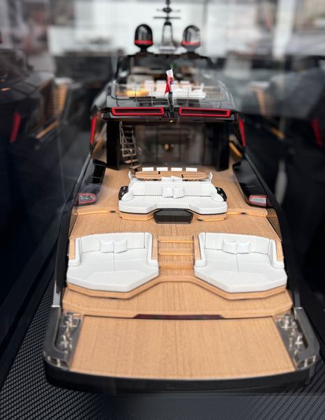 Model of BRABUS AB150 Motor Yacht stern with integrated white sunpdas