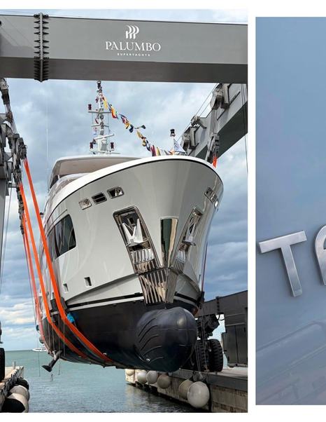 Bow of Second Cantiere delle Marche Nauta Air 110 Explorer Yacht Tartaruga at launch
