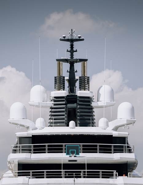 Close up of Superyacht Leviathan upper decks and satellite 