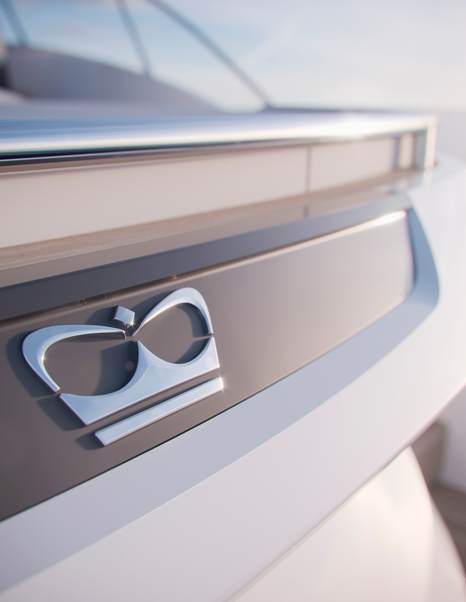 Close-up detail of Princess V55 exterior badge and hull finish on luxury sportsboat