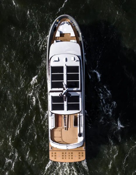 Aerial view of Second Steeler Ocean Explorer 85 motor yacht Moss under way 
