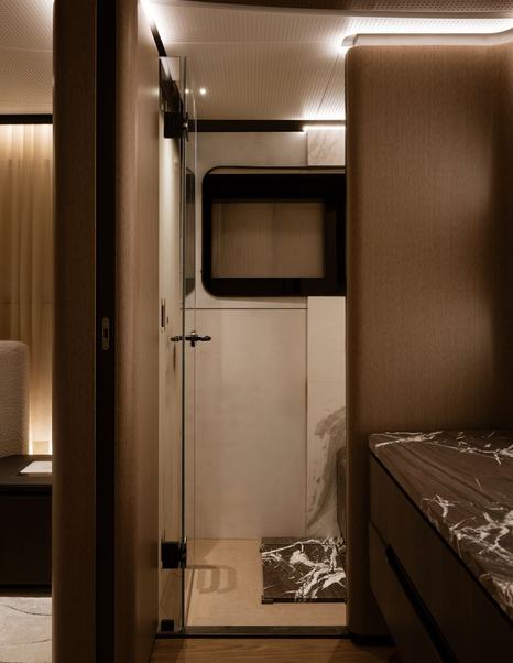 Sirena 42M interior under construction with warm teak detailing and LEDs 