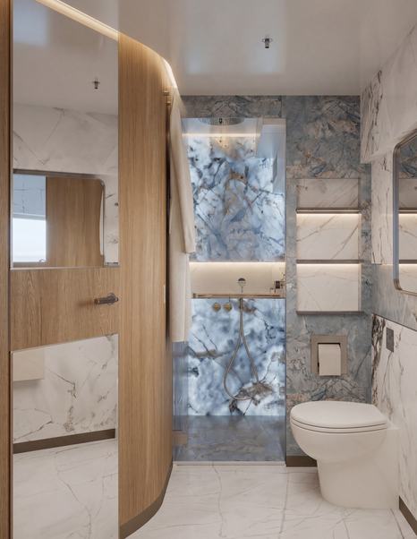 Rendering of Galeon 700 Sky Motor Yacht master cabin ensuite with marbled detailing