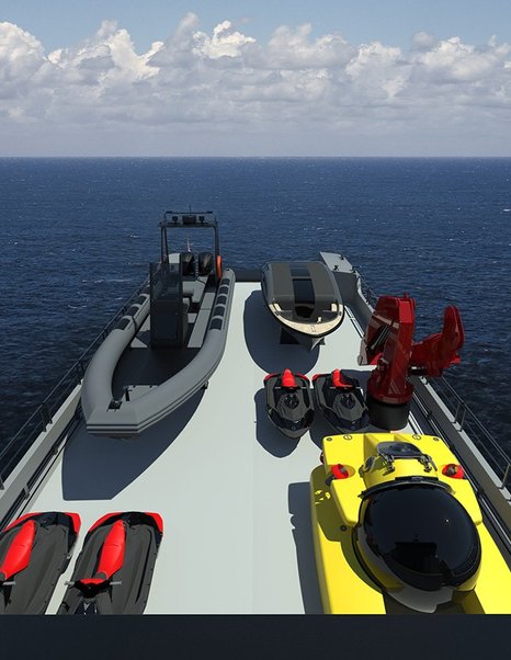 Rendering of Lynx YXT 34 explorer yacht aft with various tenders 