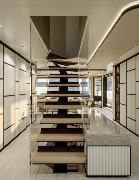 Motor yacht Extra X145 Global interior with floating staircase and shoji-style wall panels