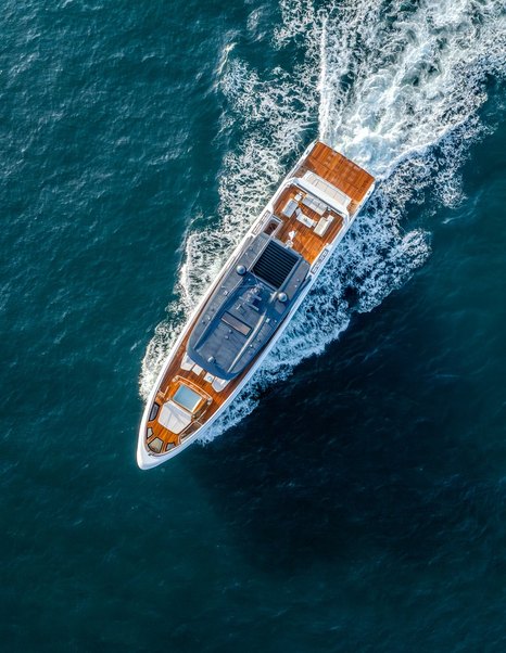Aerial view of the Gulf Craft Majesty 100 Terrace showing the bridge deck and foredeck layout