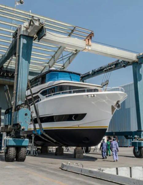 Nomad 70 Motor Yacht on trolley on way to launch