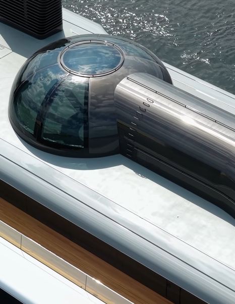Close up shot of Lürssen Superyacht Nausicaä skydome with private terrace and dark glazing