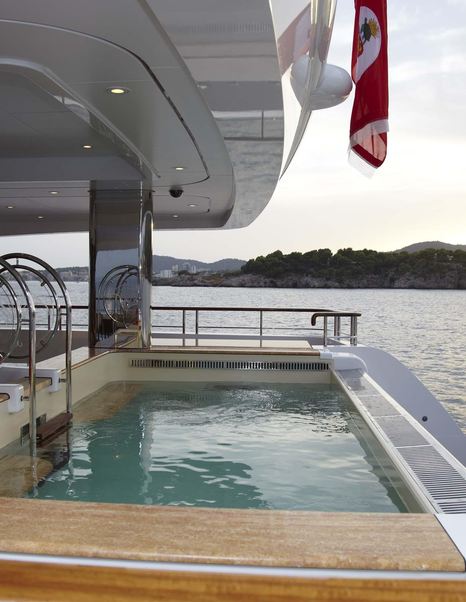 nfinity pool on the aft deck of Lady Christine, with teak surrounds, stainless rails, and sea views beyond.