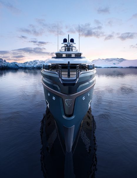 Frontal rendering of Heesen XV67, surrounded by sea.