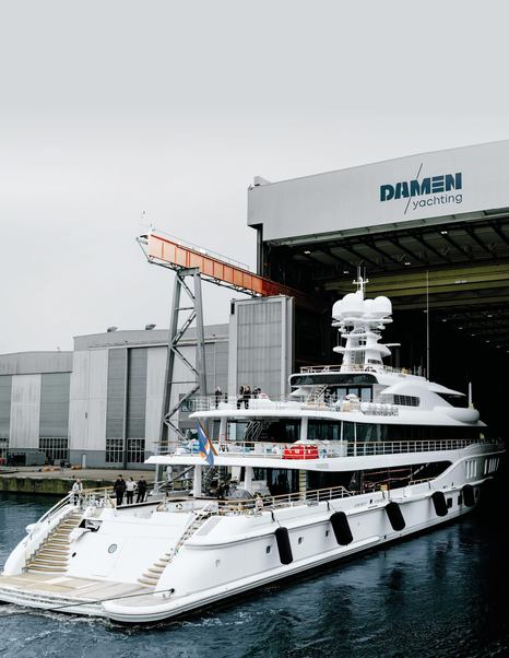 Amels 242 Superyacht Synthesis aft decks post-refit entering Damen yachting shipyard