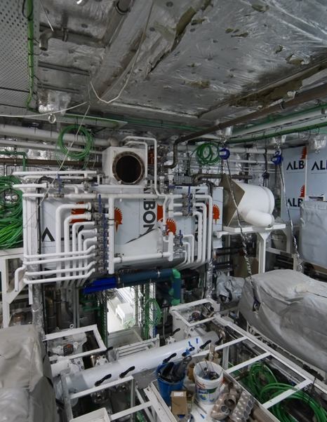 Engine room under construction on board Bering 125 Explorer Yacht