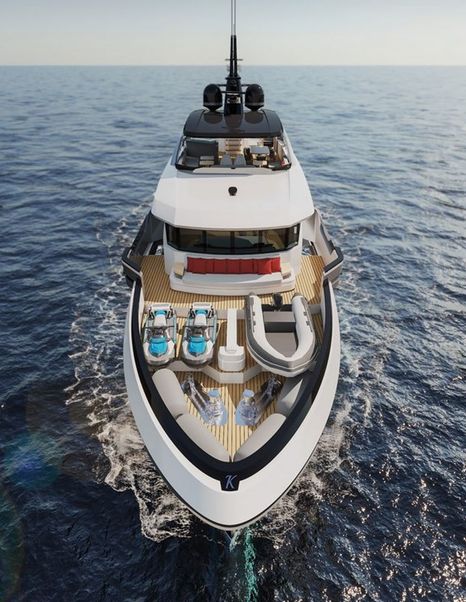 Rendering of AvA Yachts Kando 110 explorer yacht foredeck while under way 