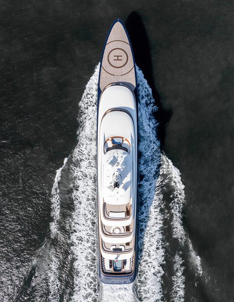 Aerial view of Feadship Superyacht Destiny (Project 1014) under way on sea trials 
