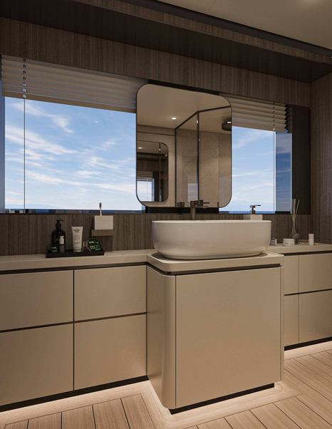 Rendering of Antonini Navi XPD95 Motor Yacht master cabin ensuite 