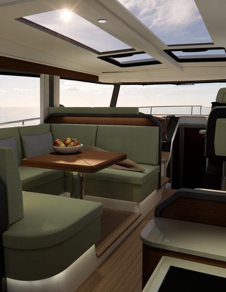 Close up Rendering of Nimbus 495 Coupé Boat interior U-shaped green seating